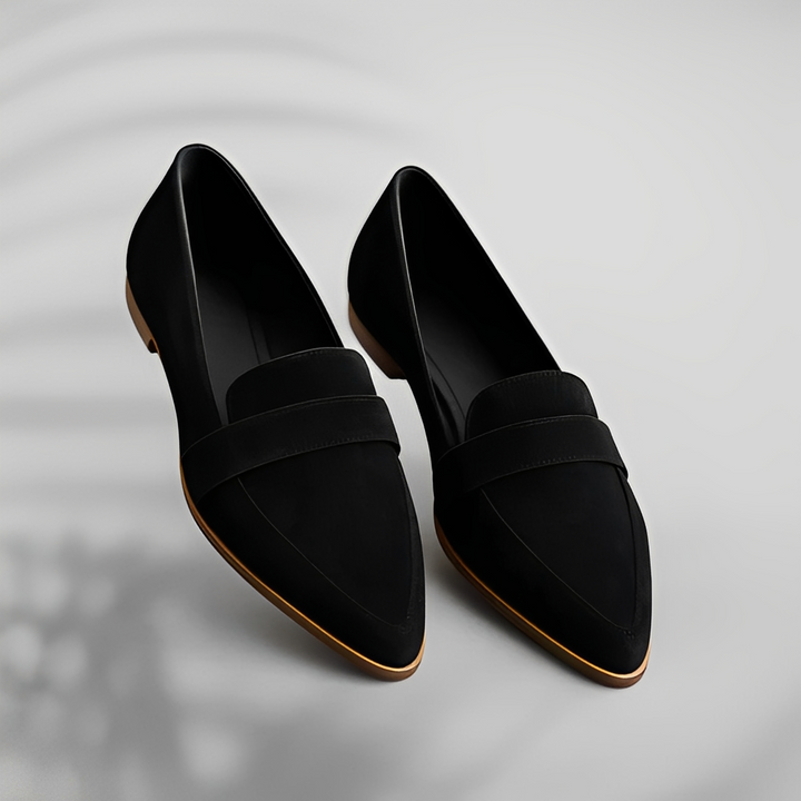 Pair of pointed-toe suede loafers with a penny saddle strap and a low heel