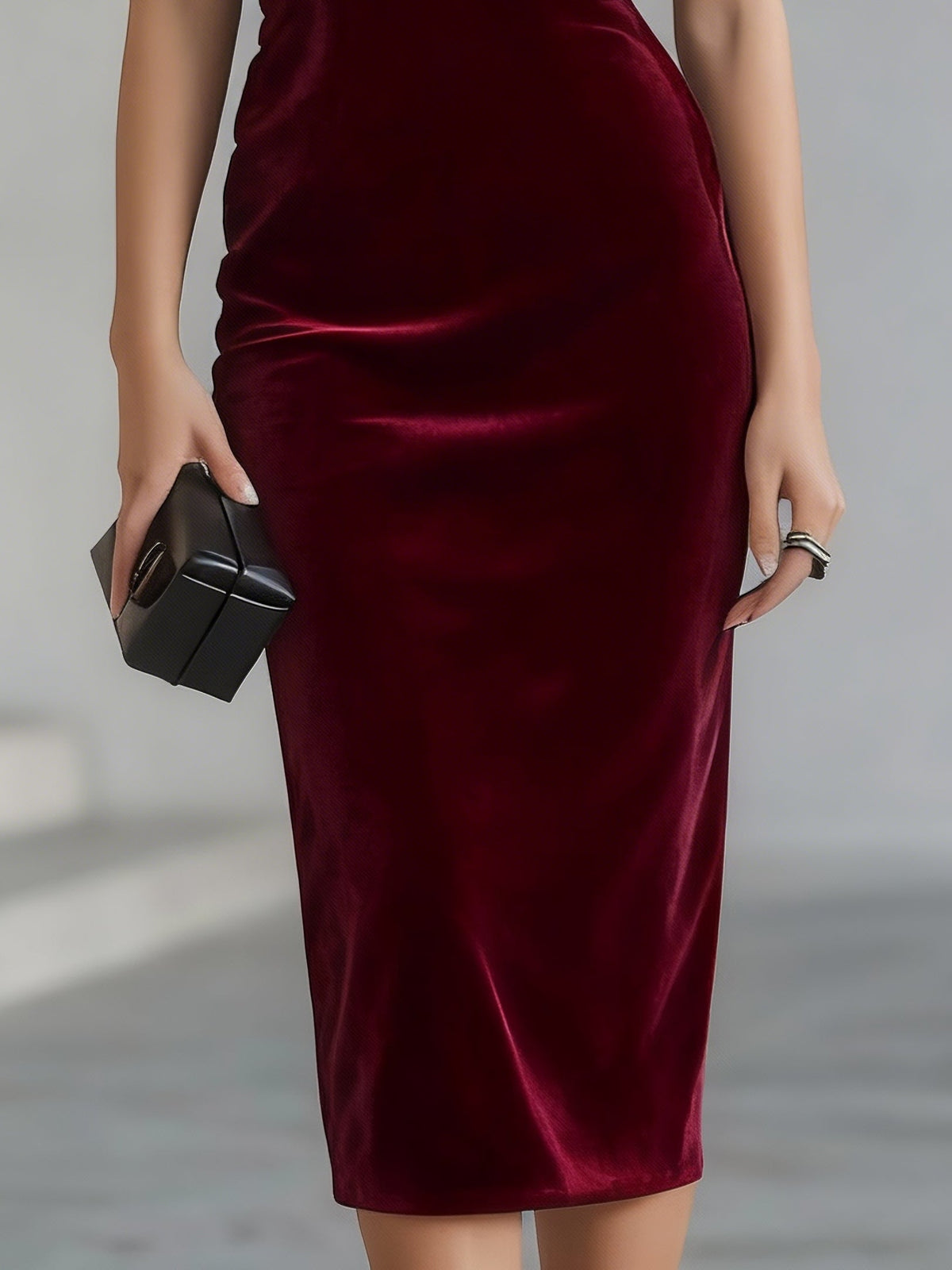 Women's burgundy velvet midi dress with oversized bow
