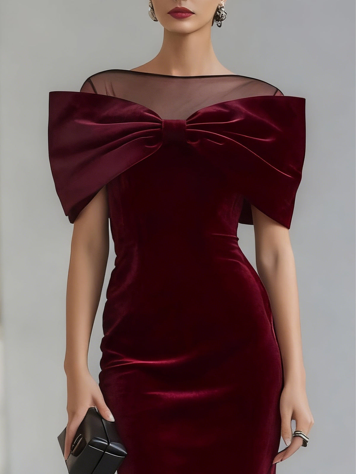 Women's burgundy velvet midi dress with oversized bow