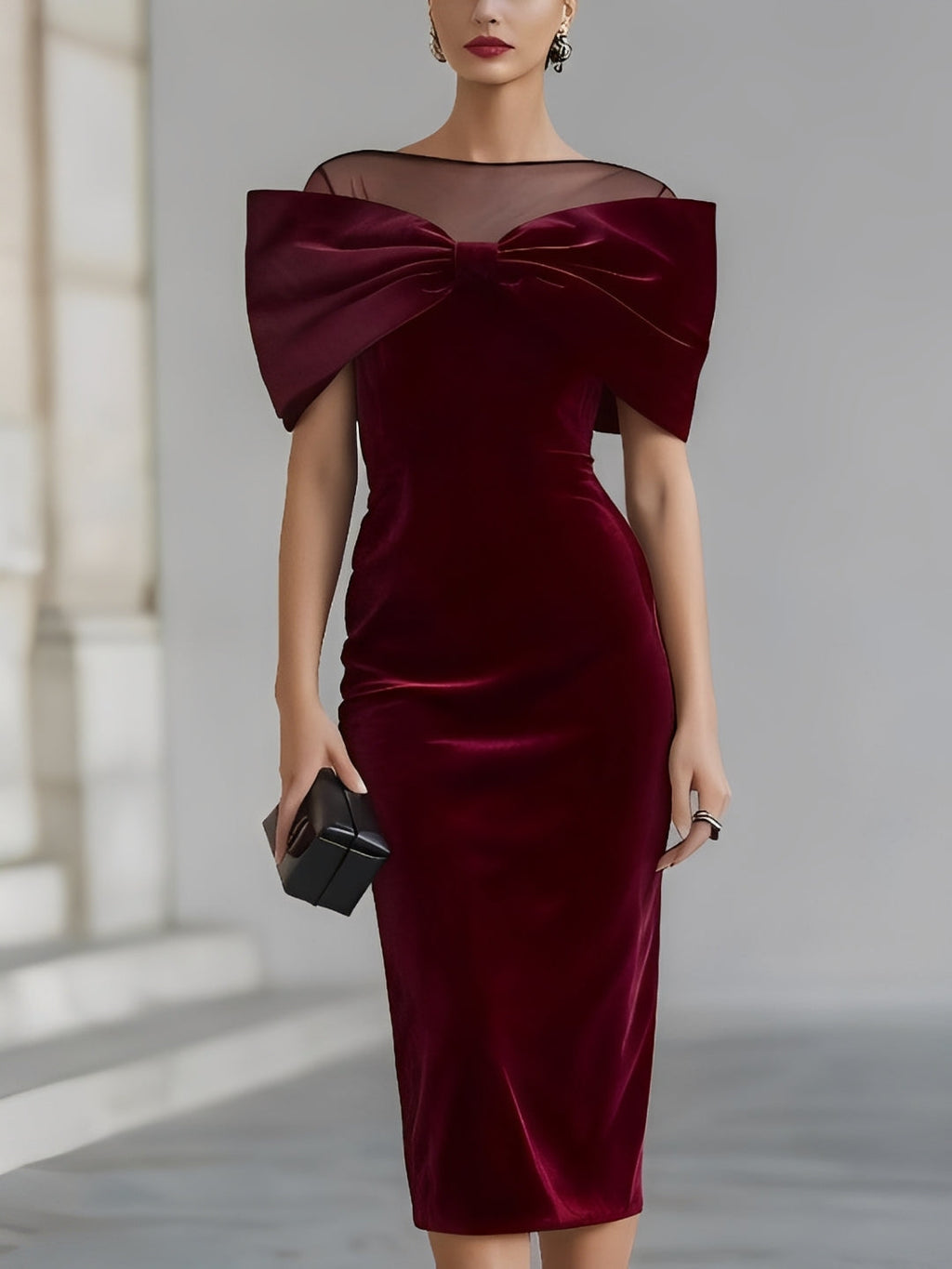 Women's burgundy velvet midi dress with oversized bow