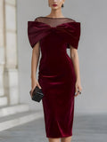 Women's burgundy velvet midi dress with oversized bow