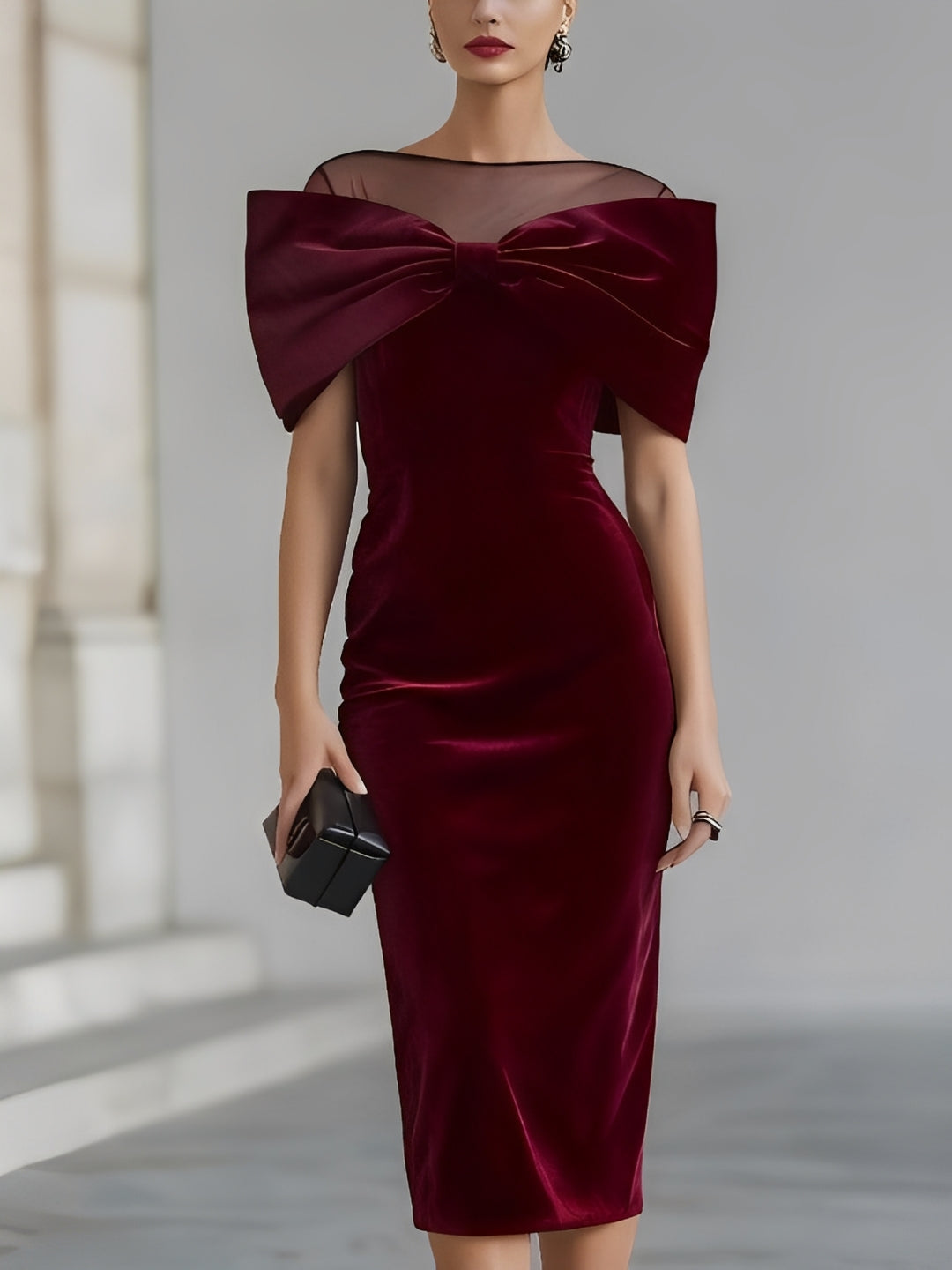 Women's burgundy velvet midi dress with oversized bow