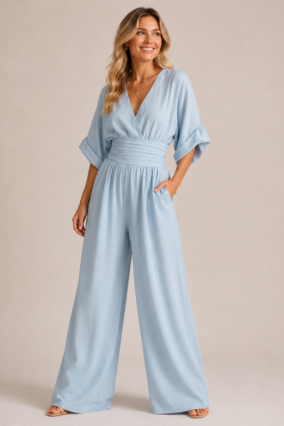 Women's wide-leg jumpsuit with V-neckline, ruched waist, and half sleeves
