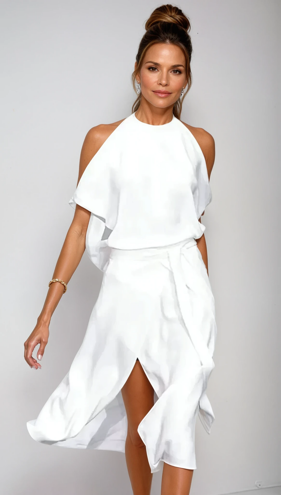 Women's Halter Neck Midi Dress, Cold Shoulder Wrap Skirt