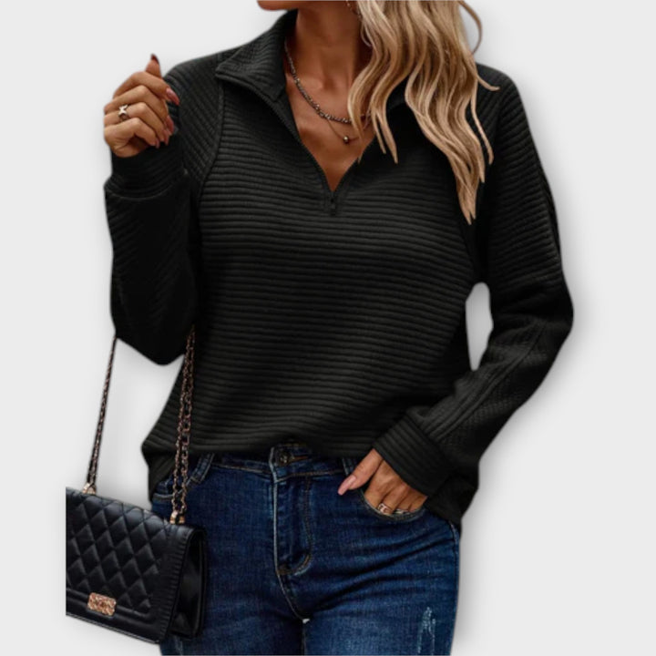 Women's ribbed half-zip sweater with raised mock collar