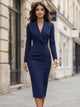 Women's tailored long sleeve blazer midi dress with lapels and front buttons