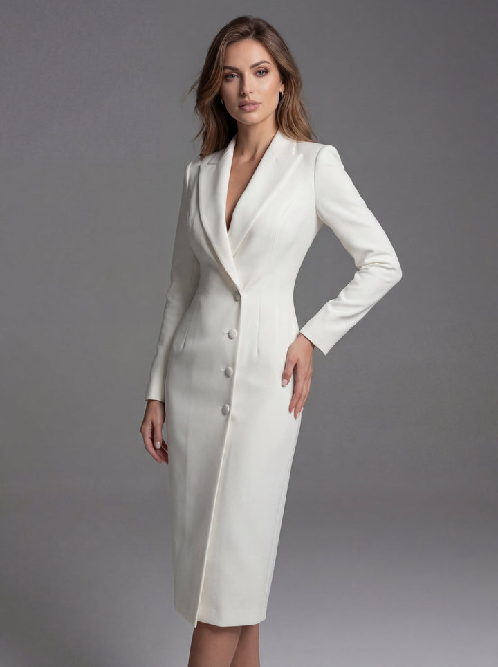 Women's tailored long sleeve blazer midi dress with lapels and front buttons