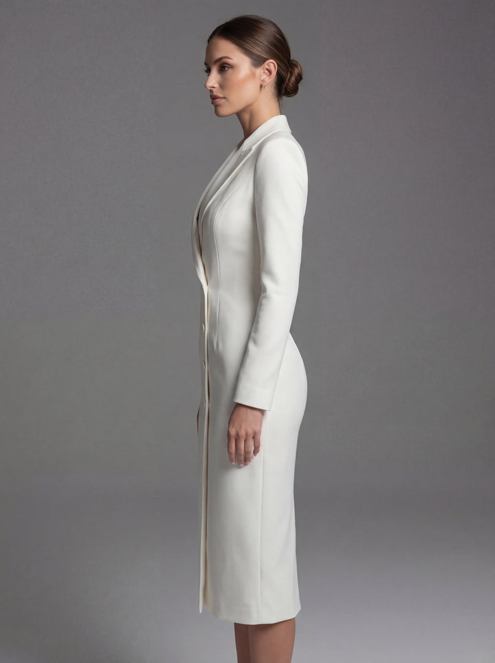 Women's tailored long sleeve blazer midi dress with lapels and front buttons