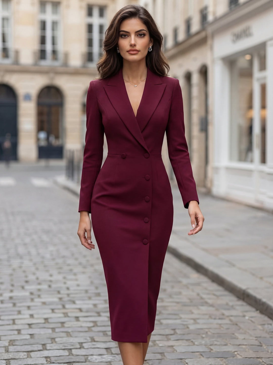 Women's tailored long sleeve blazer midi dress with lapels and front buttons