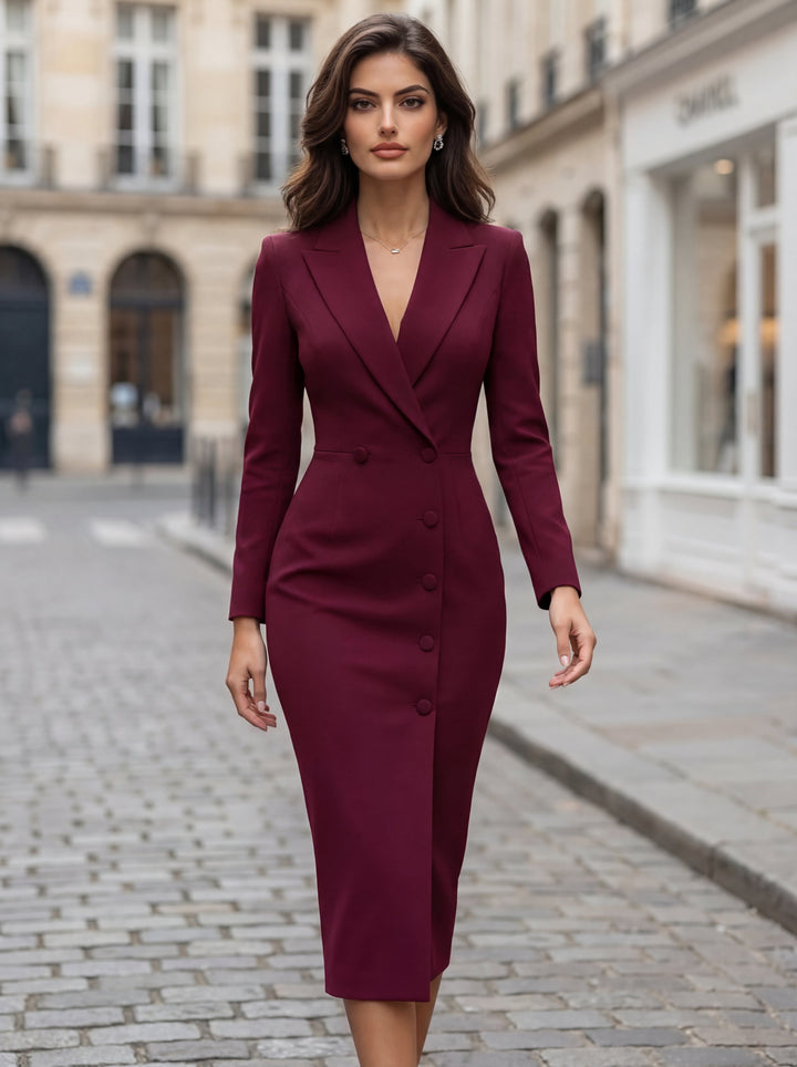 Women's tailored long sleeve blazer midi dress with lapels and front buttons
