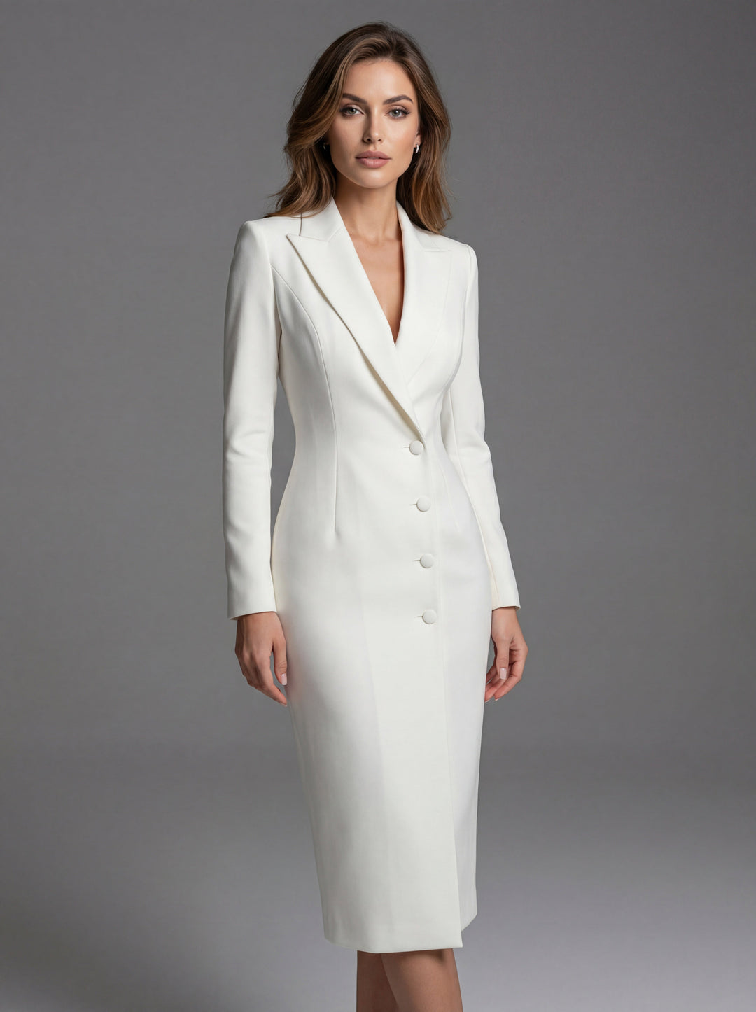 Women's tailored long sleeve blazer midi dress with lapels and front buttons
