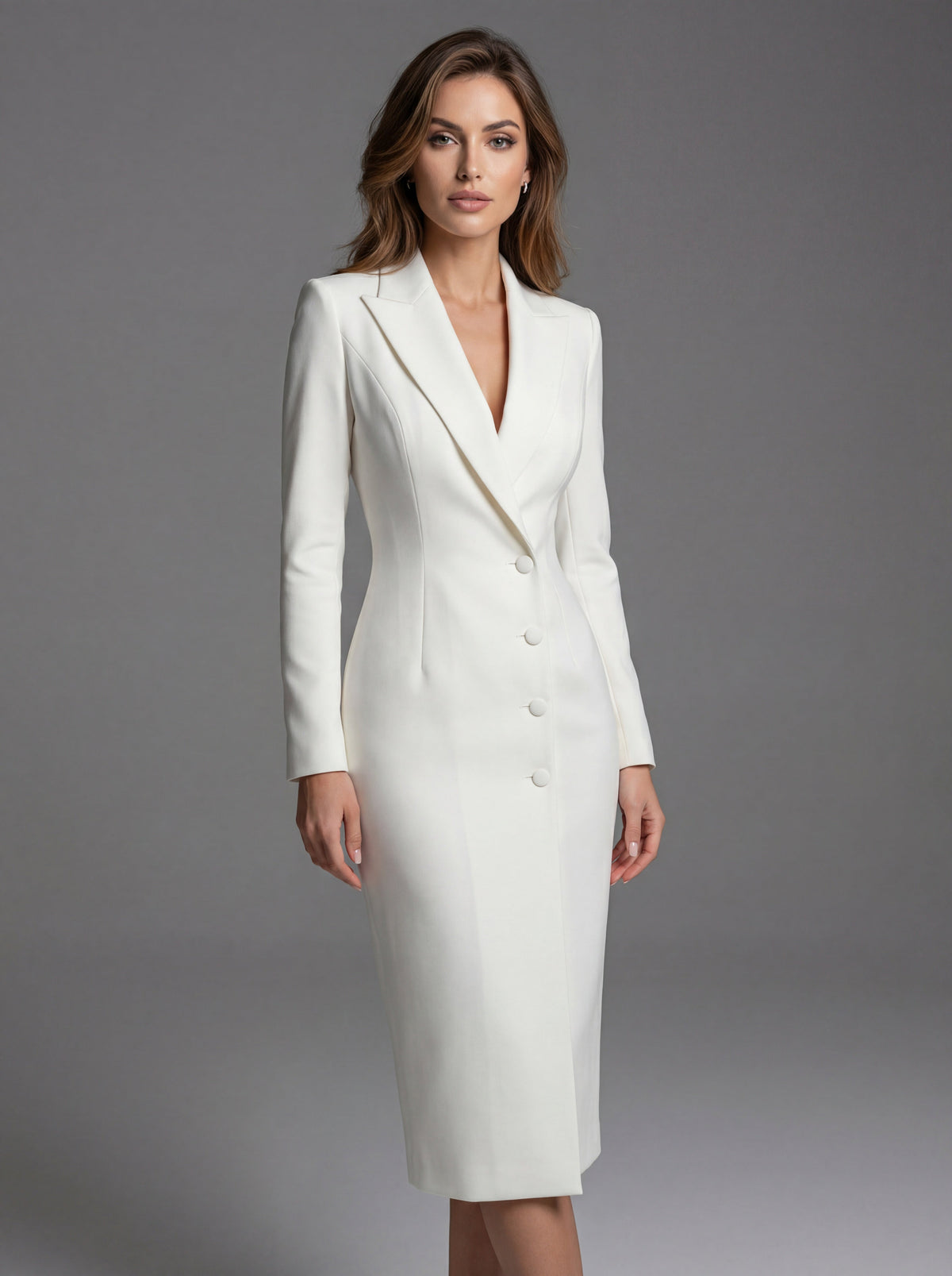 Women's tailored long sleeve blazer midi dress with lapels and front buttons