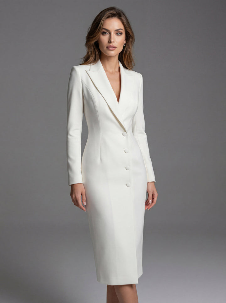 Women's tailored long sleeve blazer midi dress with lapels and front buttons