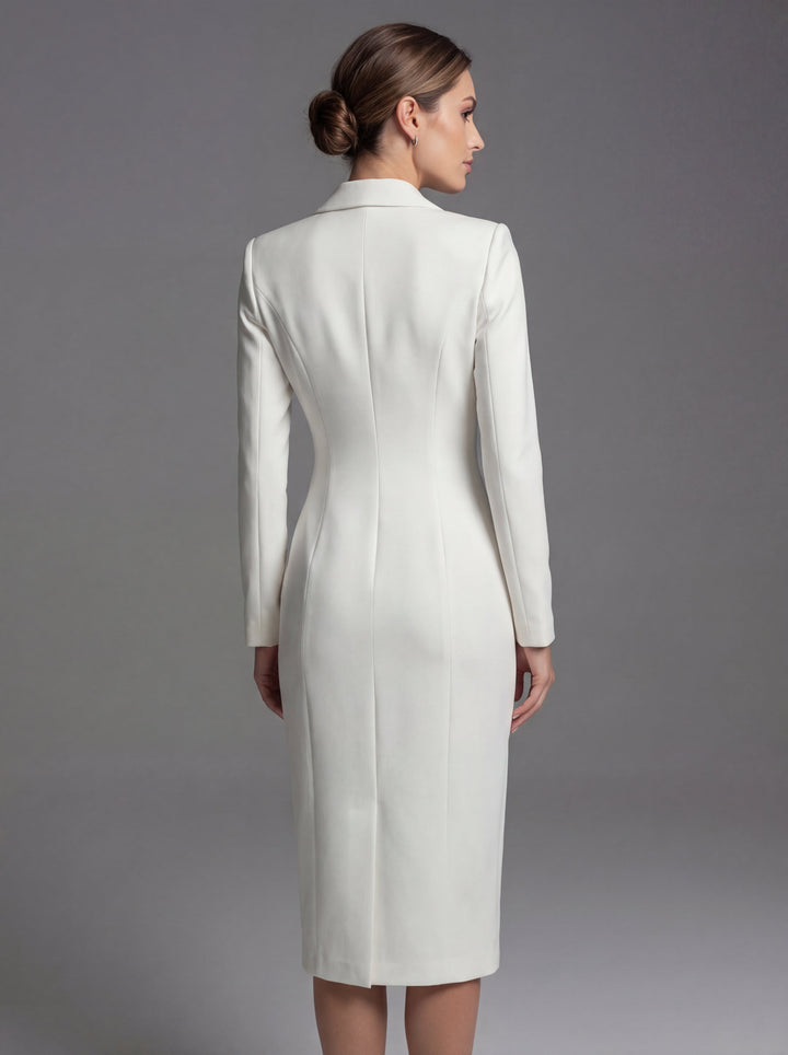 Women's tailored long sleeve blazer midi dress with lapels and front buttons