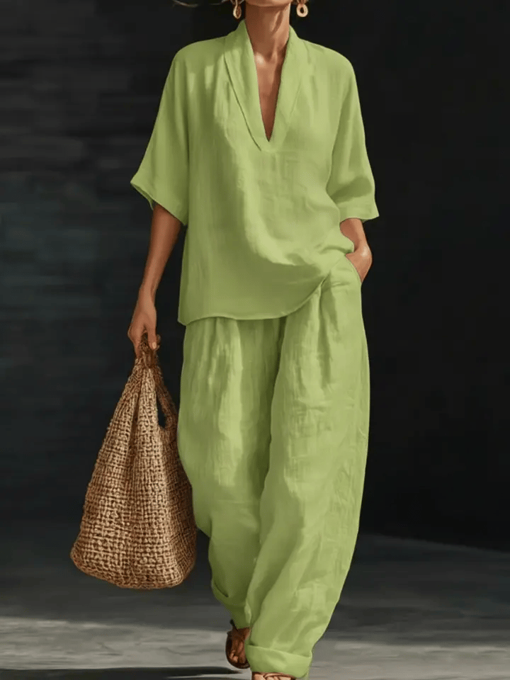 Women's relaxed two-piece set with V-neck top and wide-leg trousers in sand