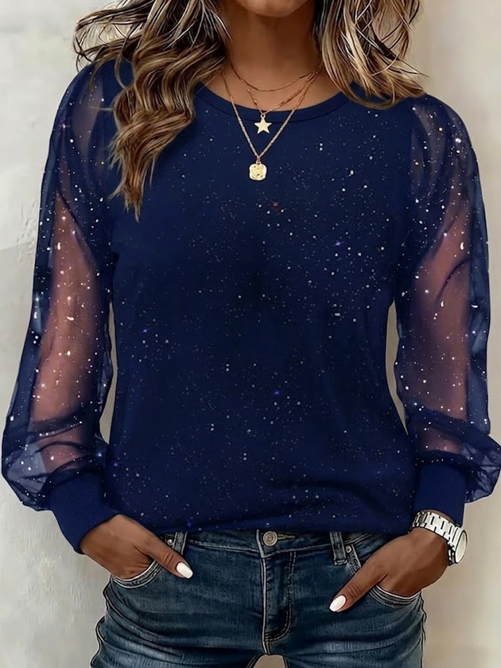 Women's sheer mesh top with glitter star detail and long lantern sleeves, shown in wine and black