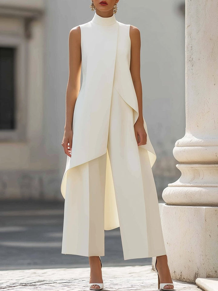 Women's sleeveless high neck asymmetric vest top in white shown front and back