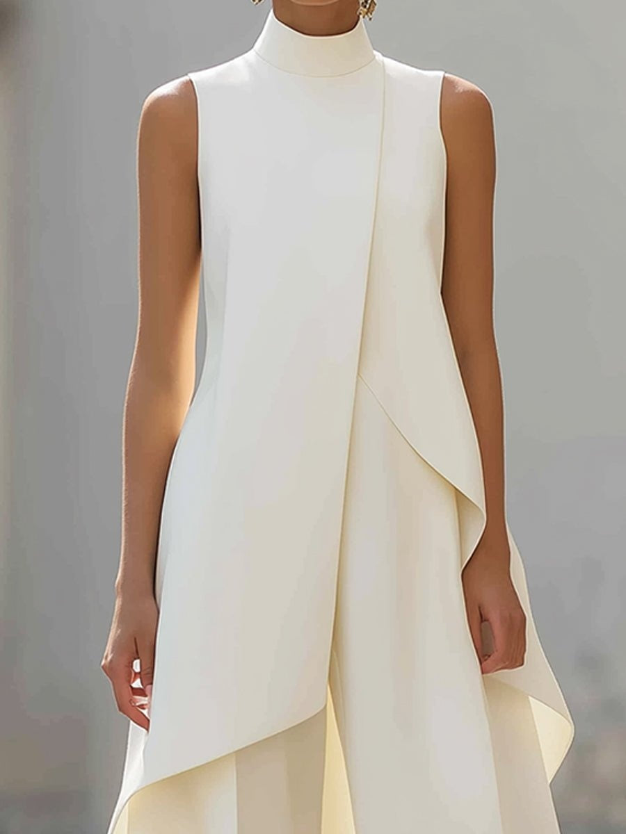 Women's sleeveless high neck asymmetric vest top in white shown front and back