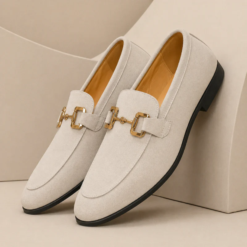 Men's plain loafers with decorative metal buckle and almond toe