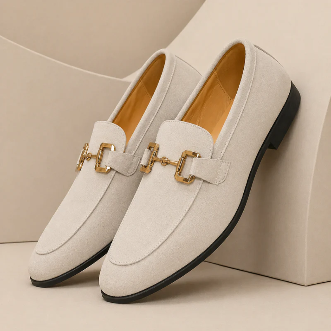 Men's plain loafers with decorative metal buckle and almond toe