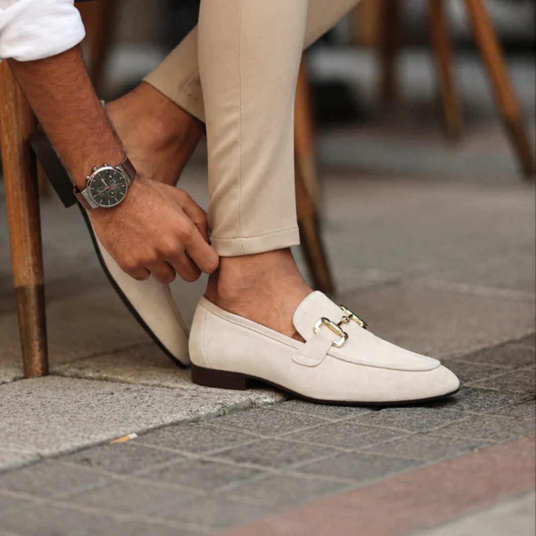 Men's plain loafers with decorative metal buckle and almond toe