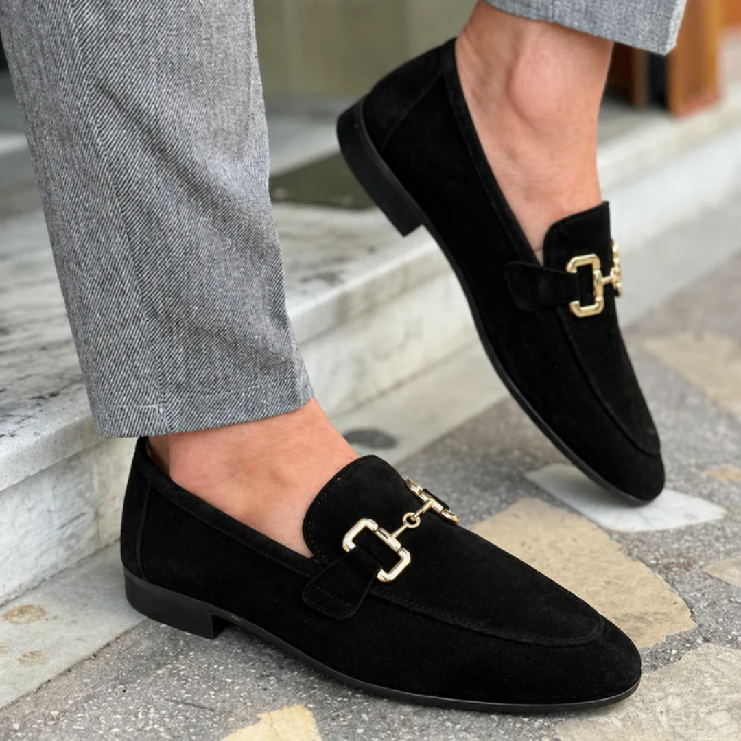 Men's plain loafers with decorative metal buckle and almond toe