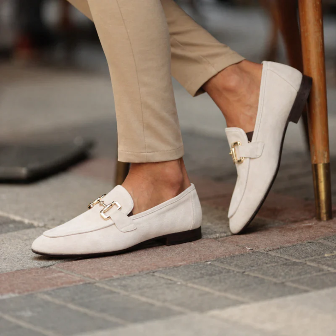 Men's plain loafers with decorative metal buckle and almond toe