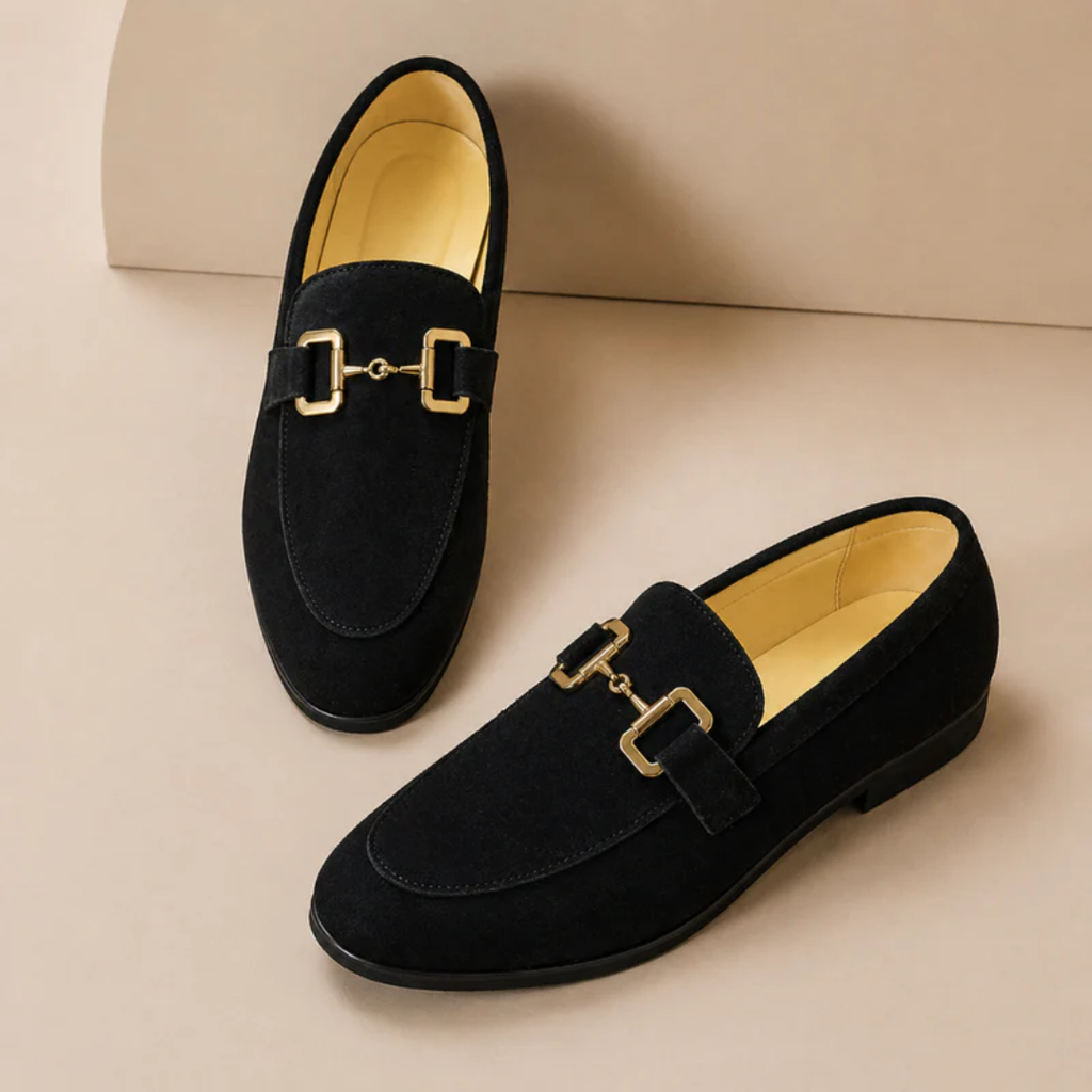 Men's plain loafers with decorative metal buckle and almond toe