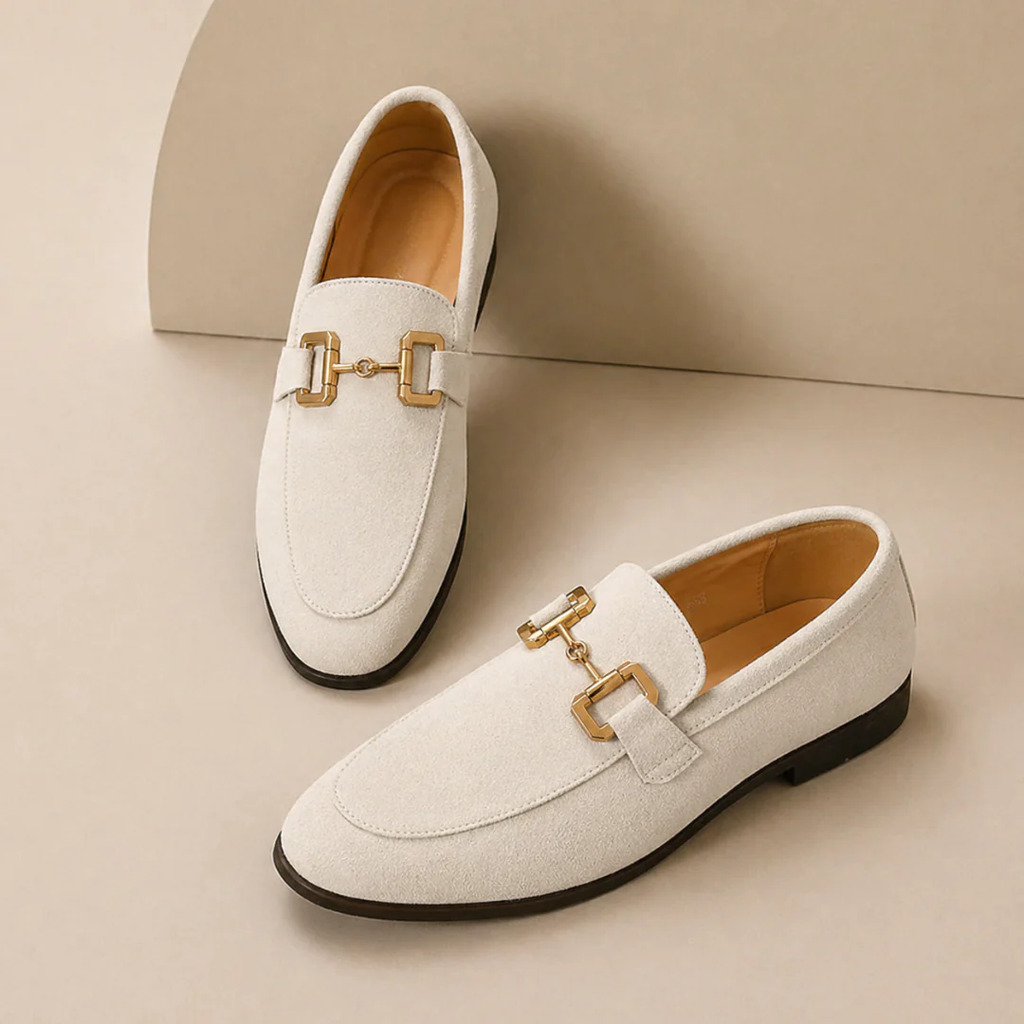 Men's plain loafers with decorative metal buckle and almond toe