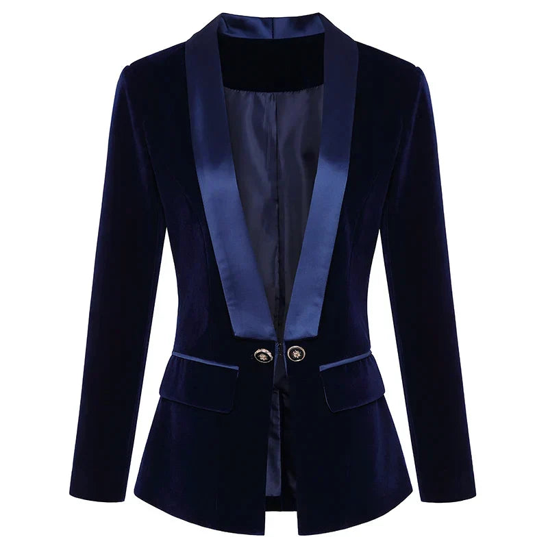 Women's velvet blazer with shawl collar, buttons and flap pockets