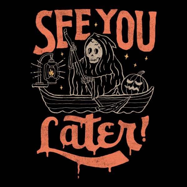Black crew neck t-shirt with orange and cream graphic print of hooded figure in boat