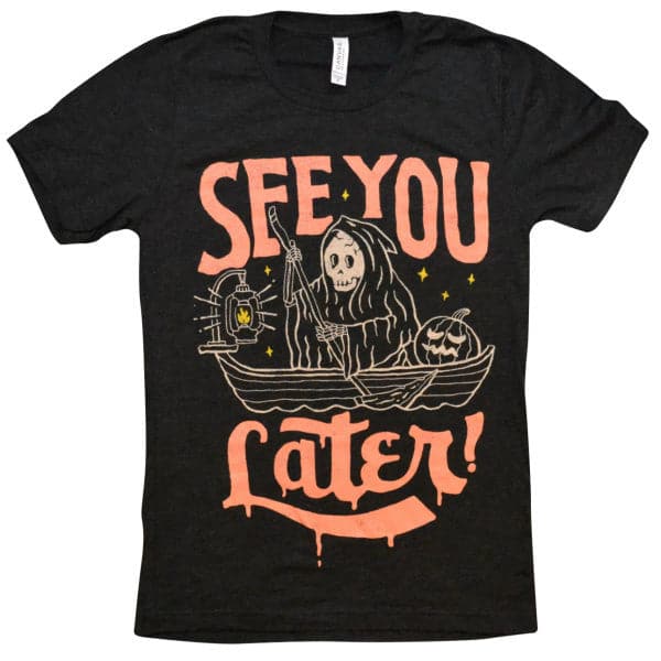Black crew neck t-shirt with orange and cream graphic print of hooded figure in boat
