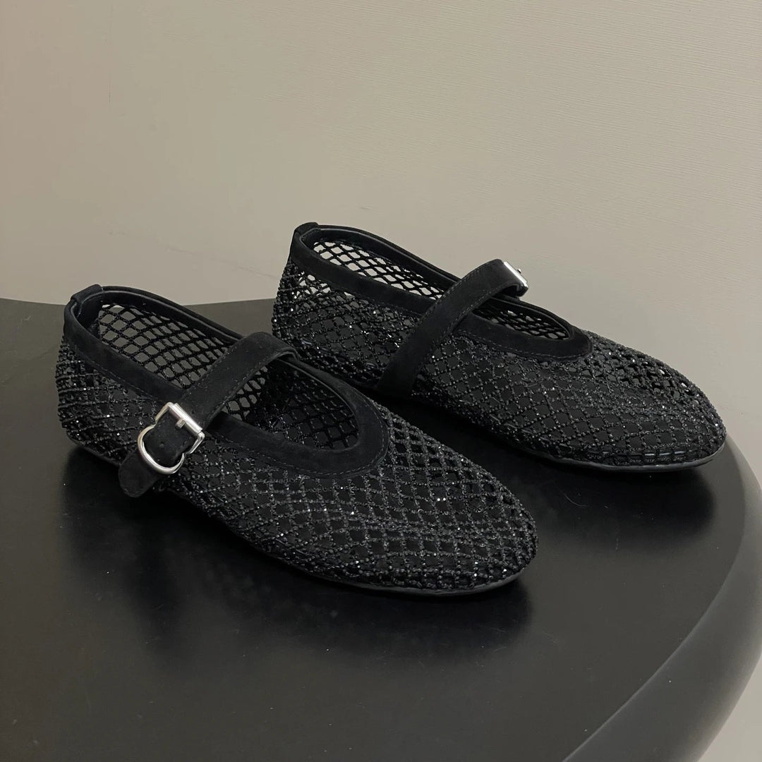 Rhinestone mesh ballet flat with Mary Jane buckle strap