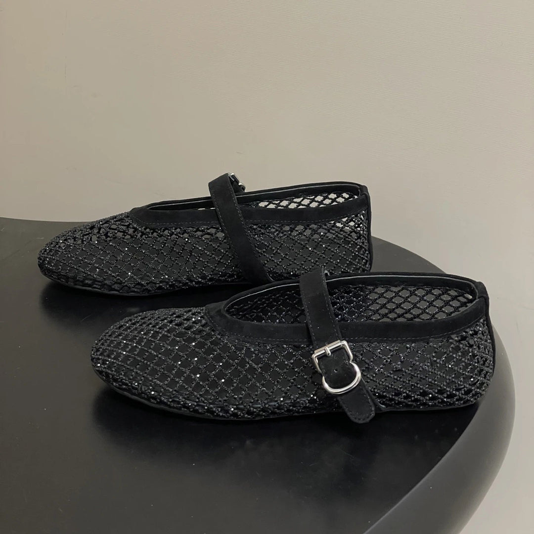 Rhinestone mesh ballet flat with Mary Jane buckle strap