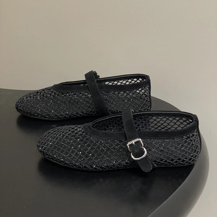 Rhinestone mesh ballet flat with Mary Jane buckle strap