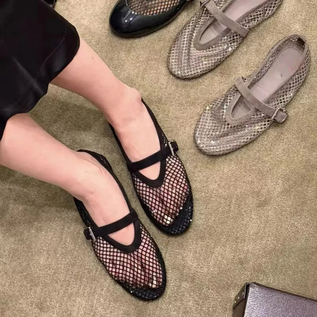 Rhinestone mesh ballet flat with Mary Jane buckle strap