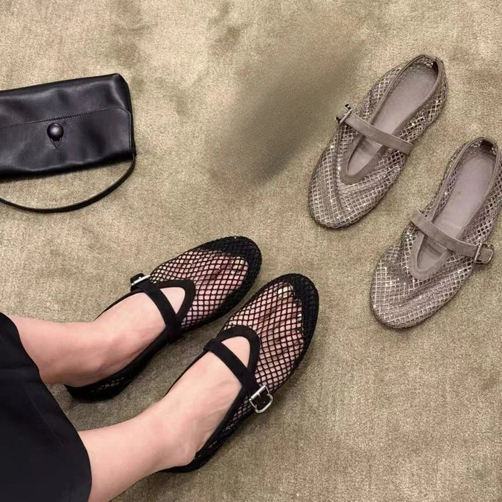 Rhinestone mesh ballet flat with Mary Jane buckle strap