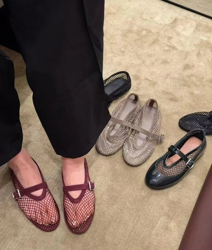 Rhinestone mesh ballet flat with Mary Jane buckle strap