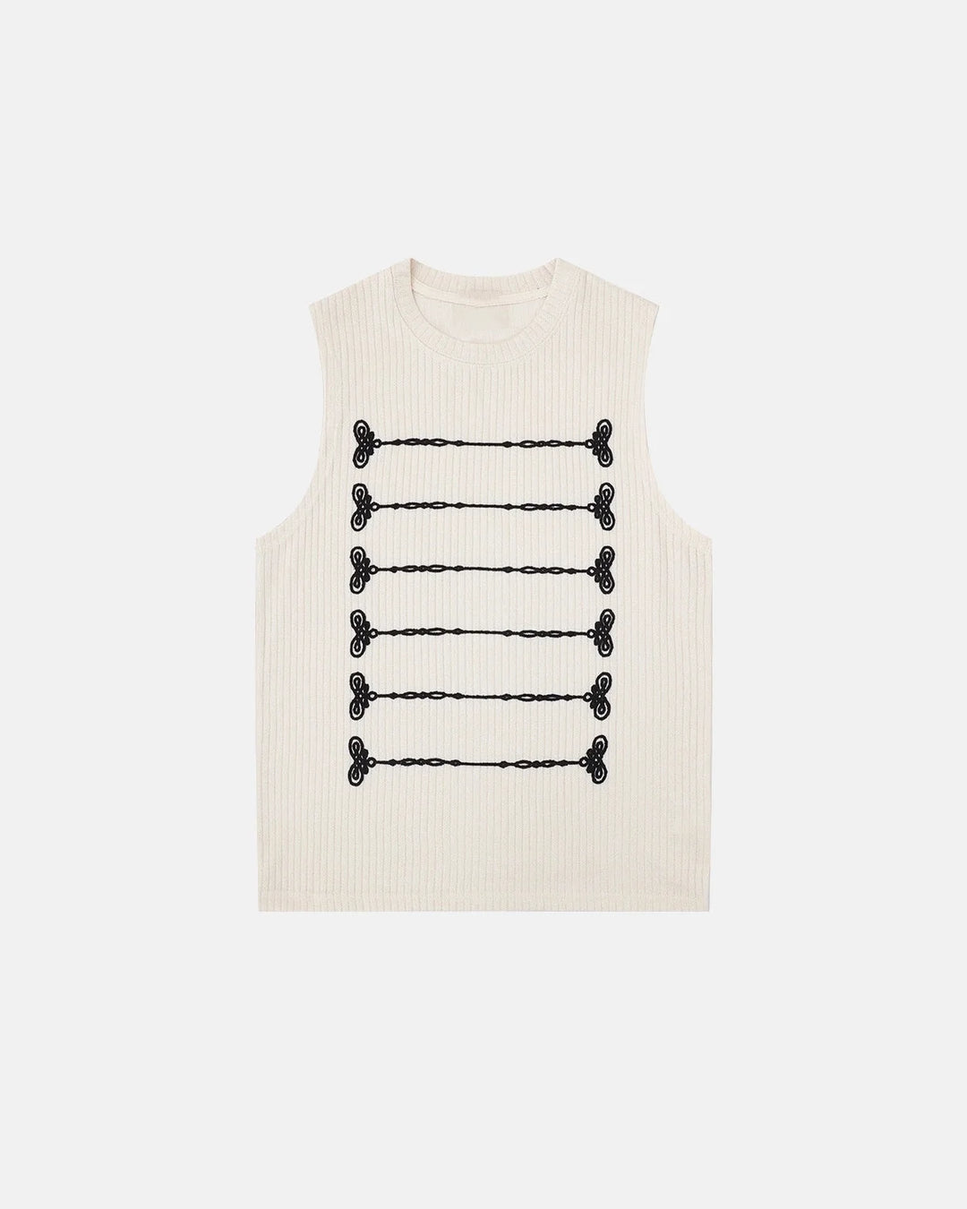 Women's ribbed knit tank top with embroidered front motifs