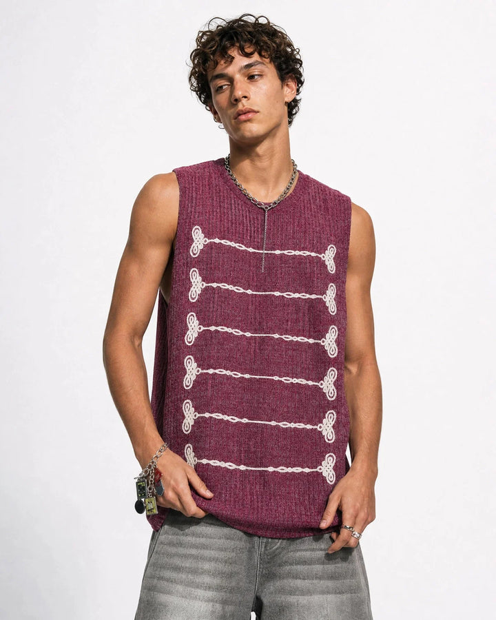 Women's ribbed knit tank top with embroidered front motifs