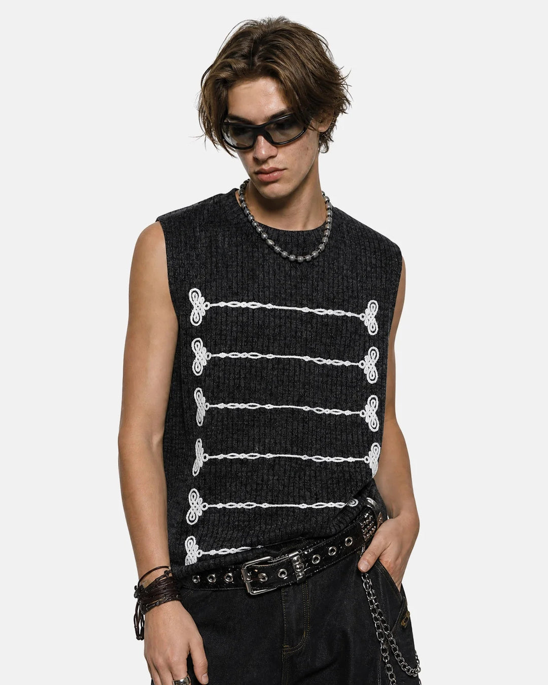 Women's ribbed knit tank top with embroidered front motifs
