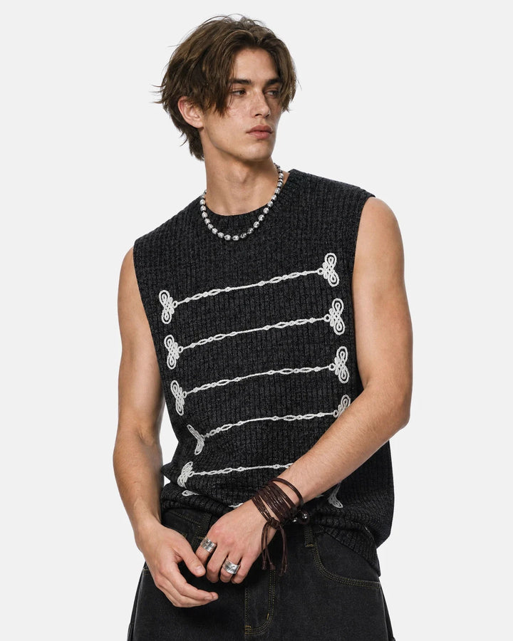 Women's ribbed knit tank top with embroidered front motifs