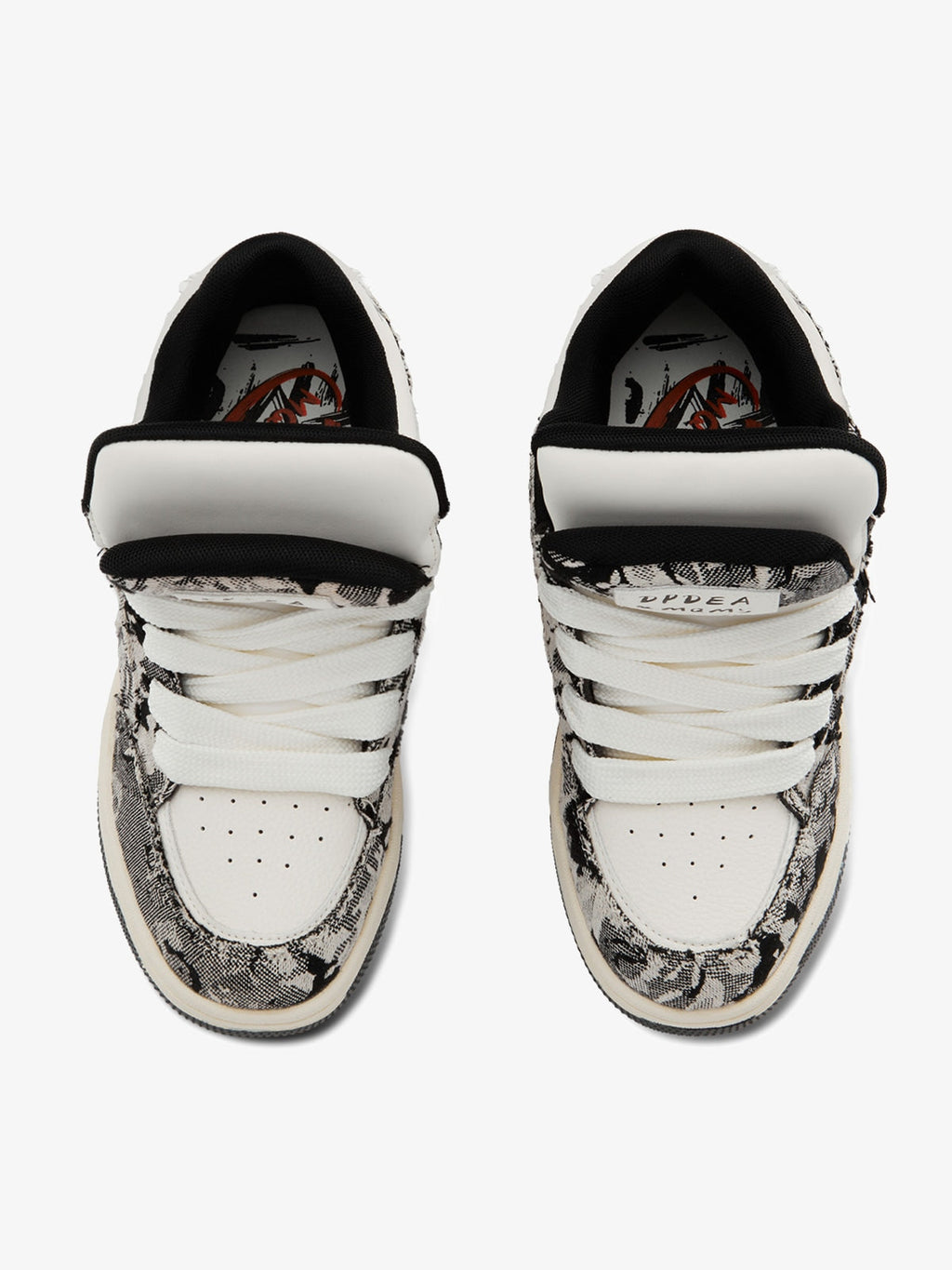 Black camouflage high-top board sneakers with white laces