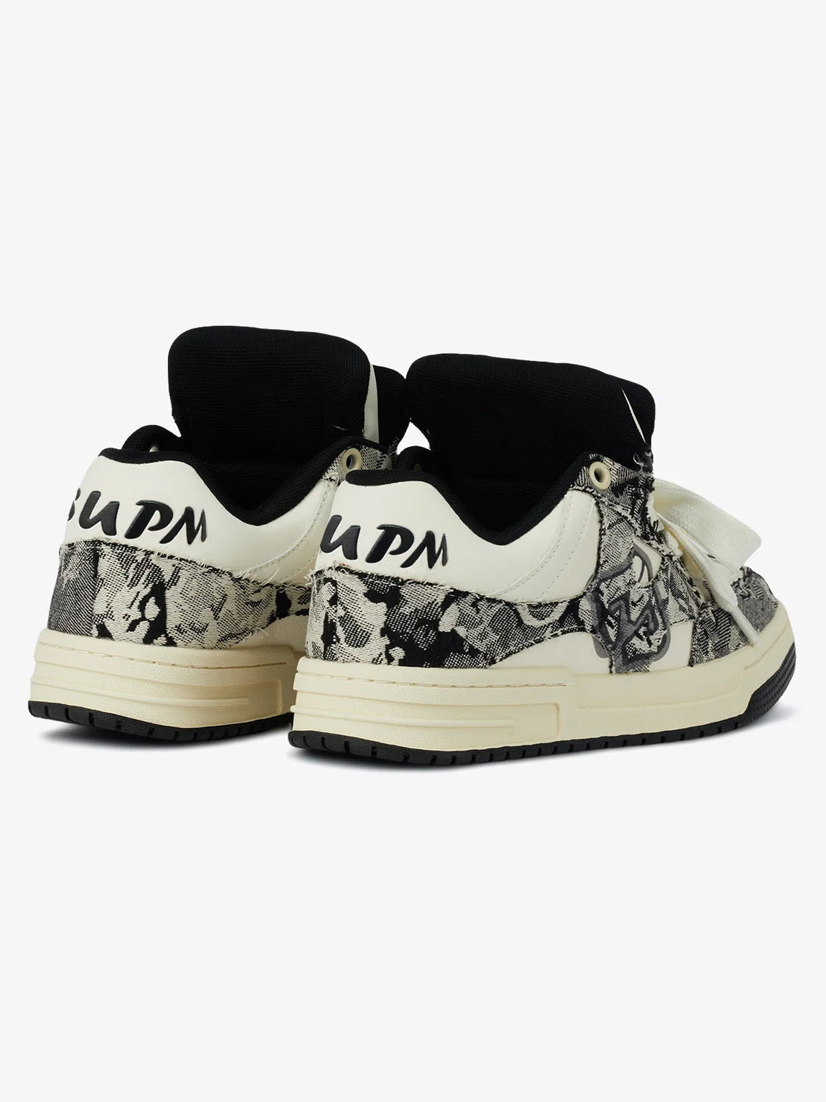 Black camouflage high-top board sneakers with white laces