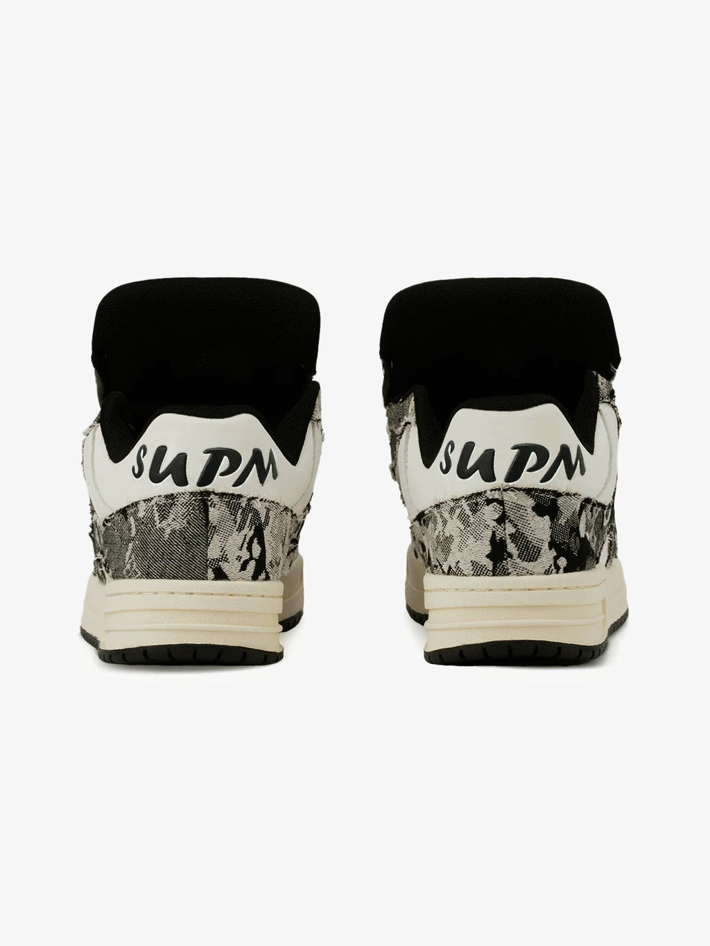 Black camouflage high-top board sneakers with white laces