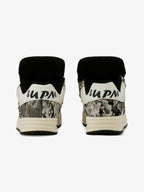 Black camouflage high-top board sneakers with white laces