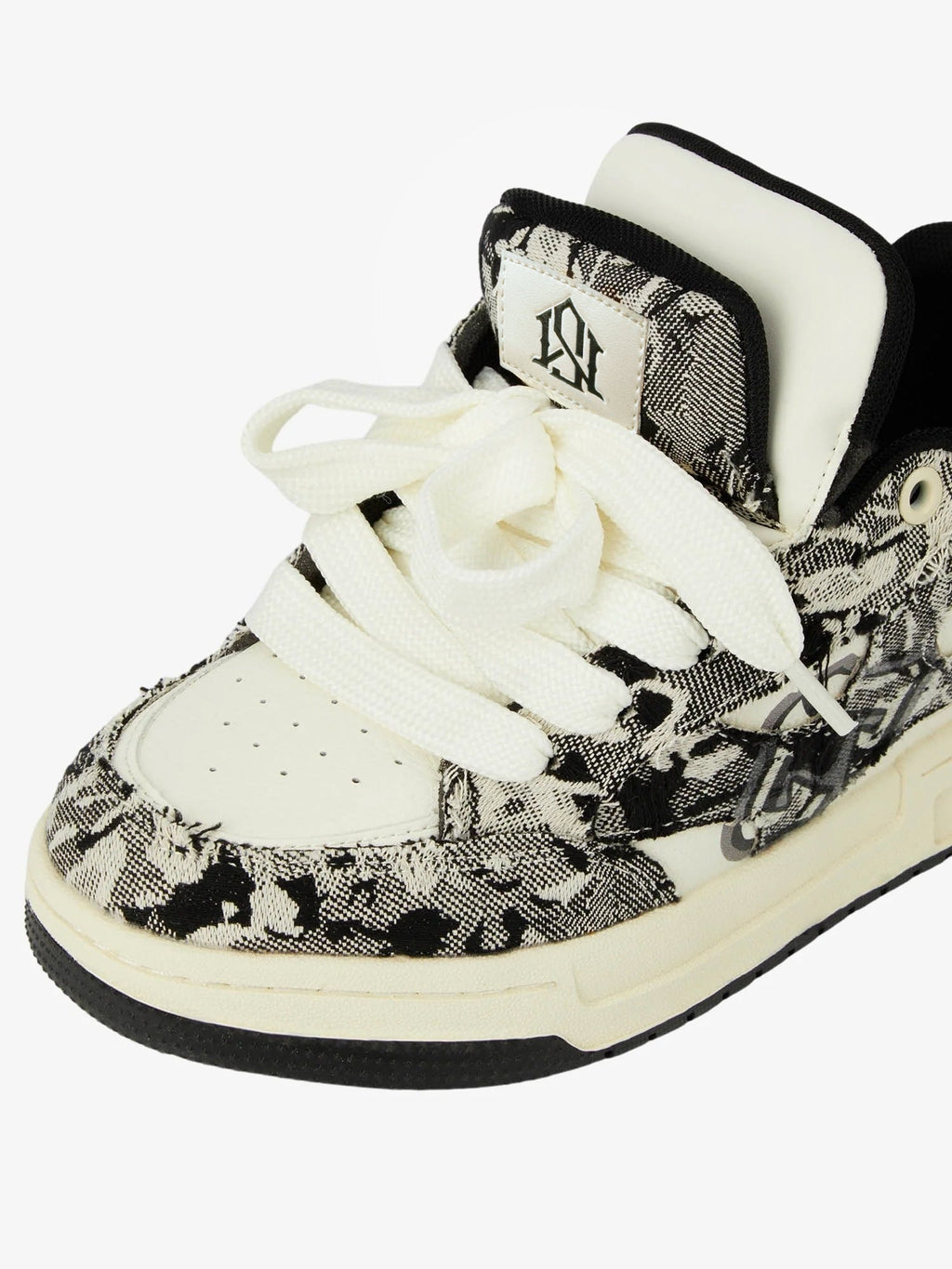 Black camouflage high-top board sneakers with white laces