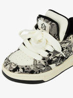 Black camouflage high-top board sneakers with white laces