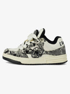 Black camouflage high-top board sneakers with white laces