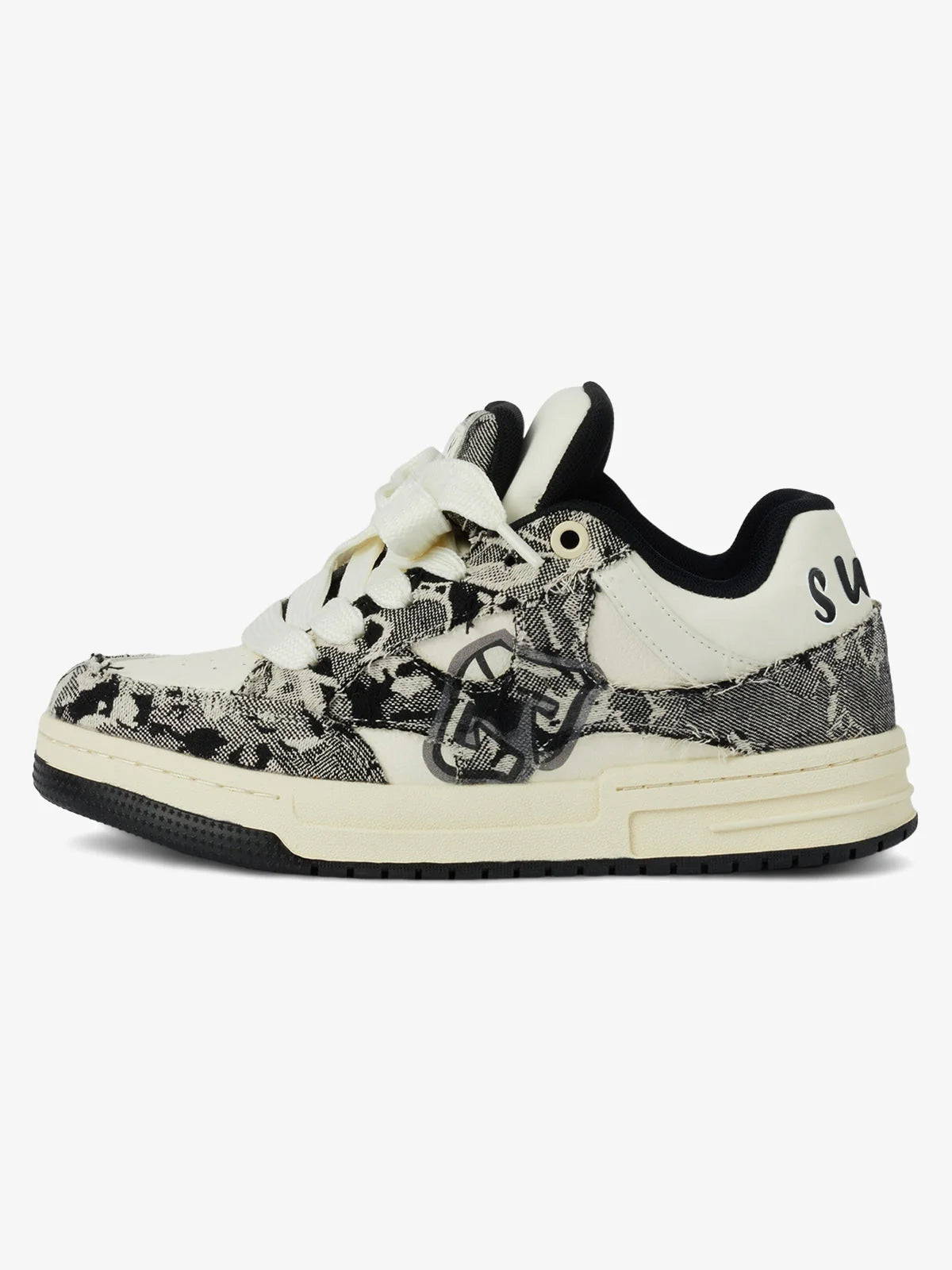 Black camouflage high-top board sneakers with white laces